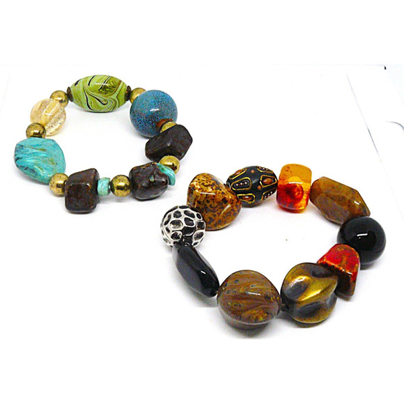 Set of 2 Chunky Stone & Beads Stretch Bracelets Blue Green & Red Brown VTG BOHO - Picture 3 of 4